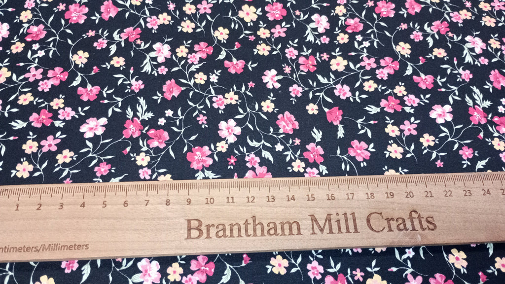 Rose & Hubble, Black Floral Fabric, 110cm width, 100% Cotton Poplin PER HALF METRE