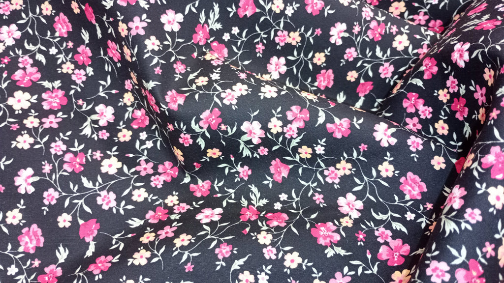 Rose & Hubble, Black Floral Fabric, 110cm width, 100% Cotton Poplin PER HALF METRE