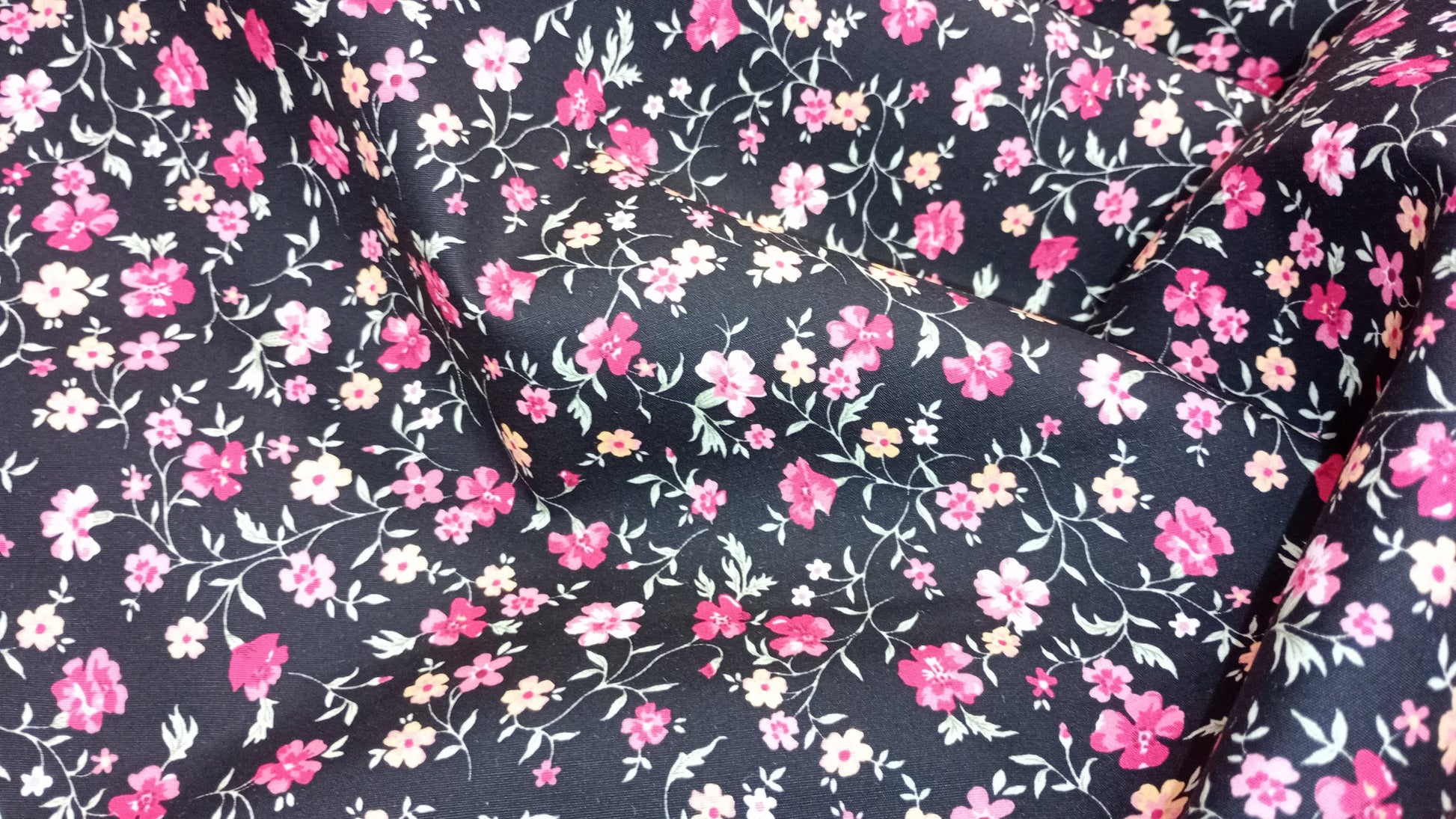Rose & Hubble, Black Floral Fabric, 110cm width, 100% Cotton Poplin PER HALF METRE