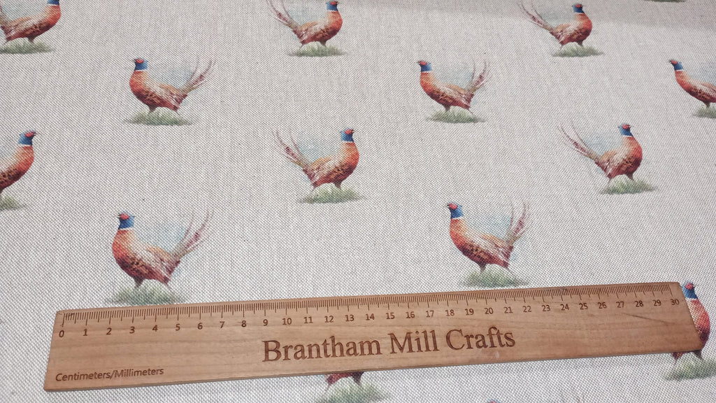 Pheasant Print Fabric, beige linen look, PER HALF METRE