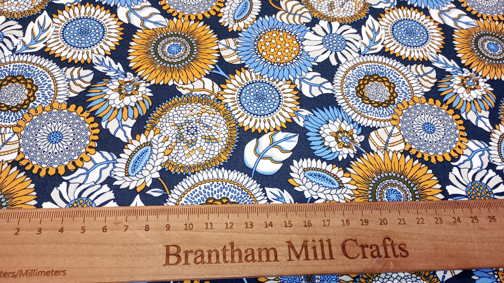 Navy Blue Floral Print Fabric, 110cm width, 100% Cotton Poplin PER HALF METRE