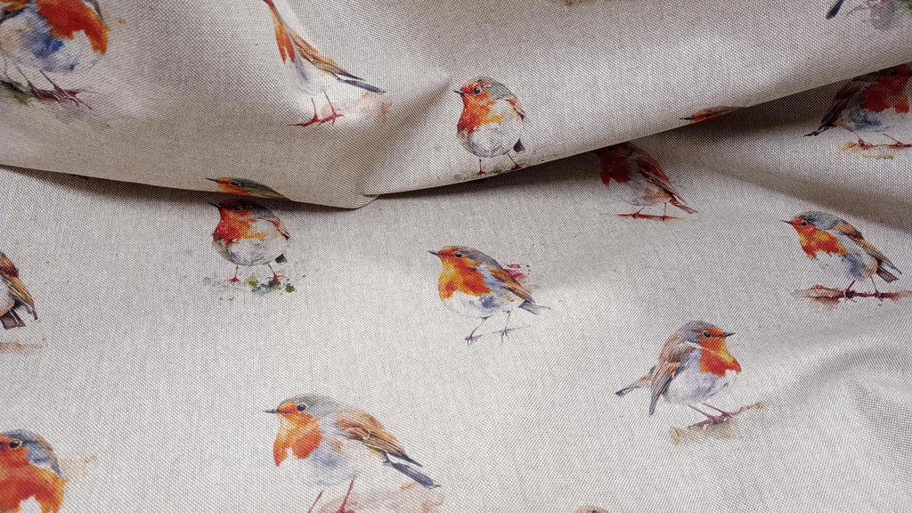 Watercolour Robin Print Fabric, beige linen look Fabric PER HALF METRE
