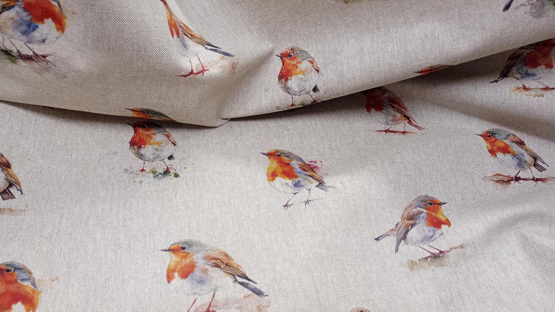 Watercolour Robin Print Fabric, beige linen look Fabric PER HALF METRE