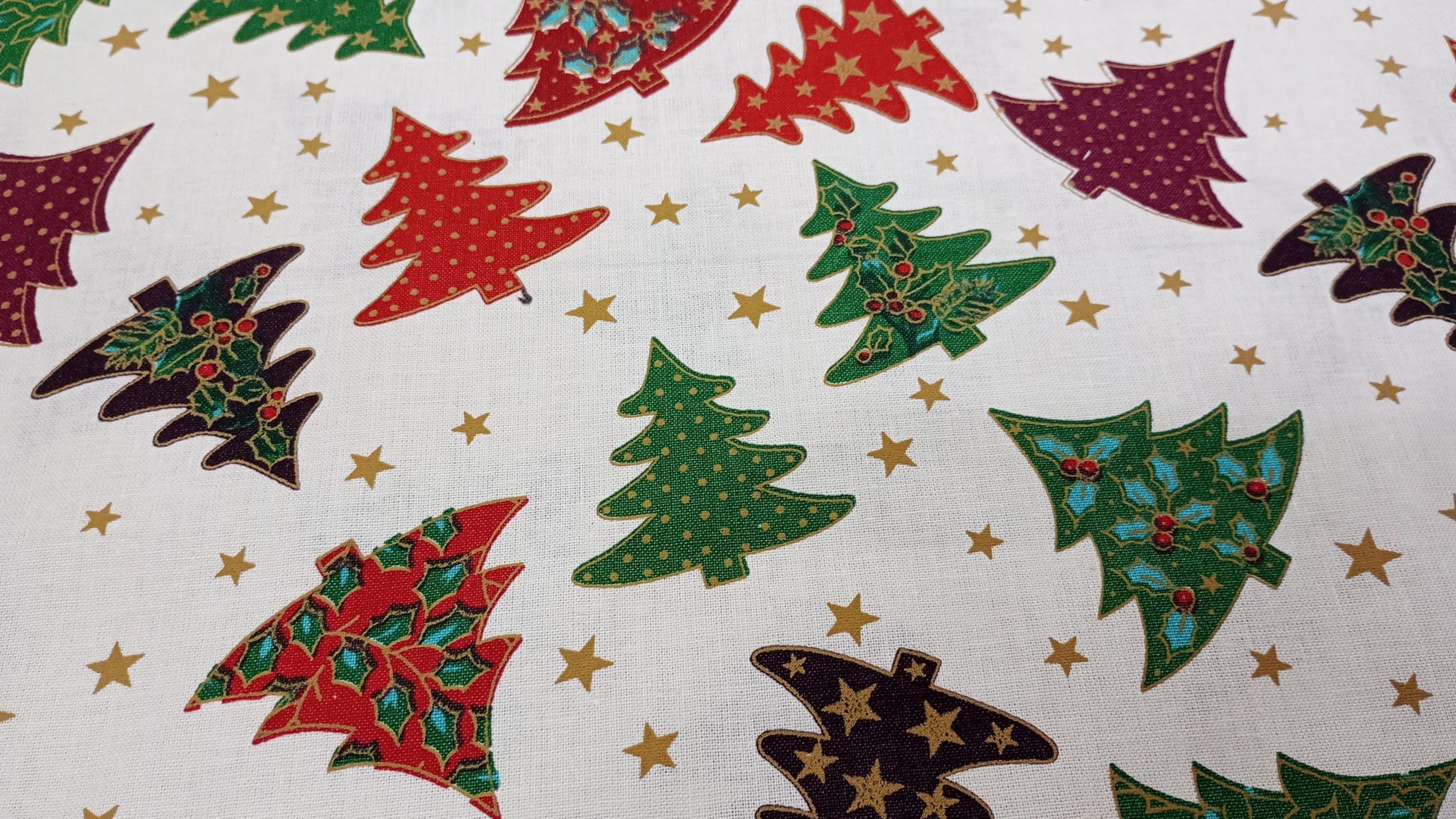 Colourful Christmas Trees, White, 100% Cotton Fabric, 110cm width