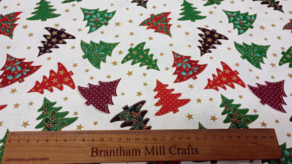 Colourful Christmas Trees, White, 100% Cotton Fabric, 110cm width