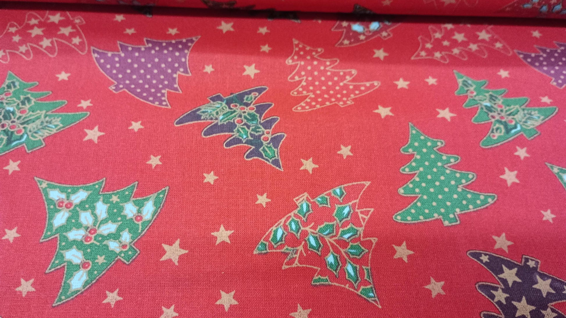 Colourful Christmas Trees, Red, 100% Cotton Fabric, 110cm width