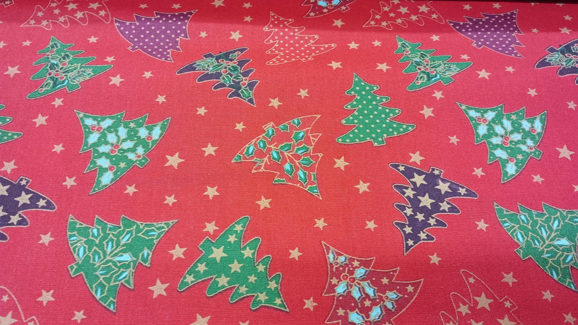 Colourful Christmas Trees, Red, 100% Cotton Fabric, 110cm width
