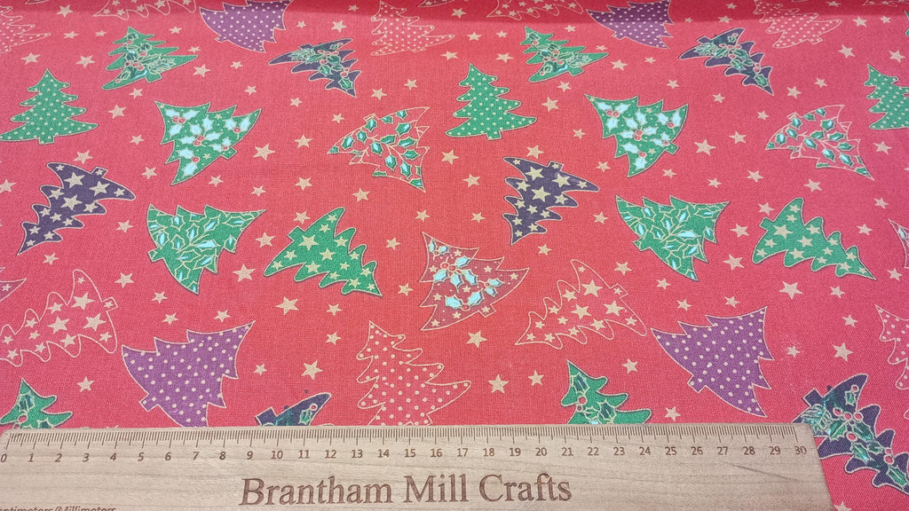 Colourful Christmas Trees, Red, 100% Cotton Fabric, 110cm width
