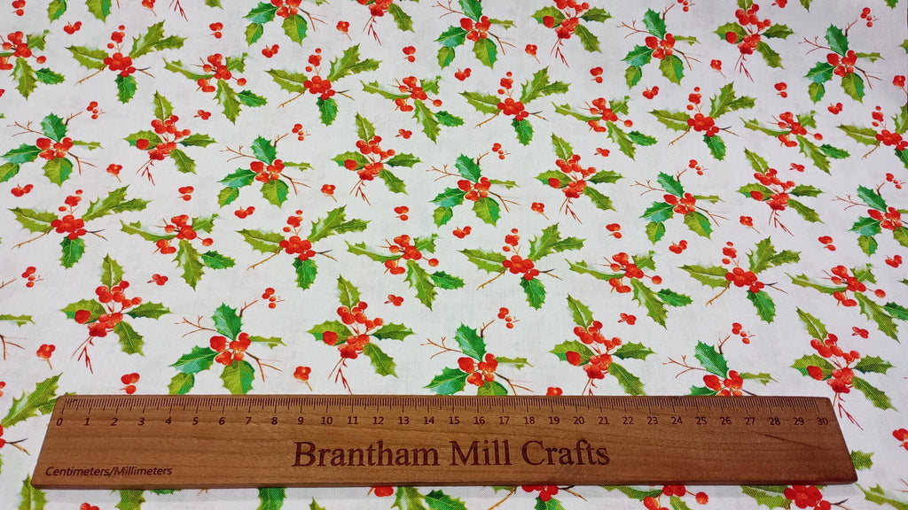 Christmas Holly & Berries, Digitally Printed, Cotton Fabric, 110cm width