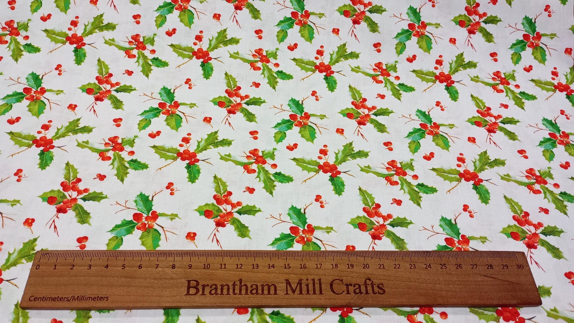 Christmas Holly & Berries, Digitally Printed, Cotton Fabric, 110cm width