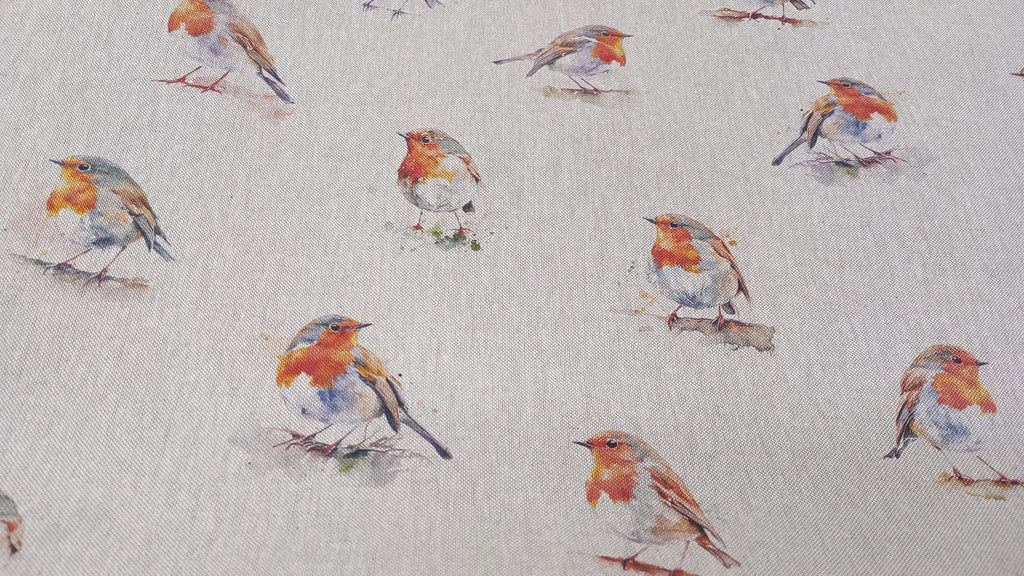 Watercolour Robin Print Fabric, beige linen look Fabric PER HALF METRE