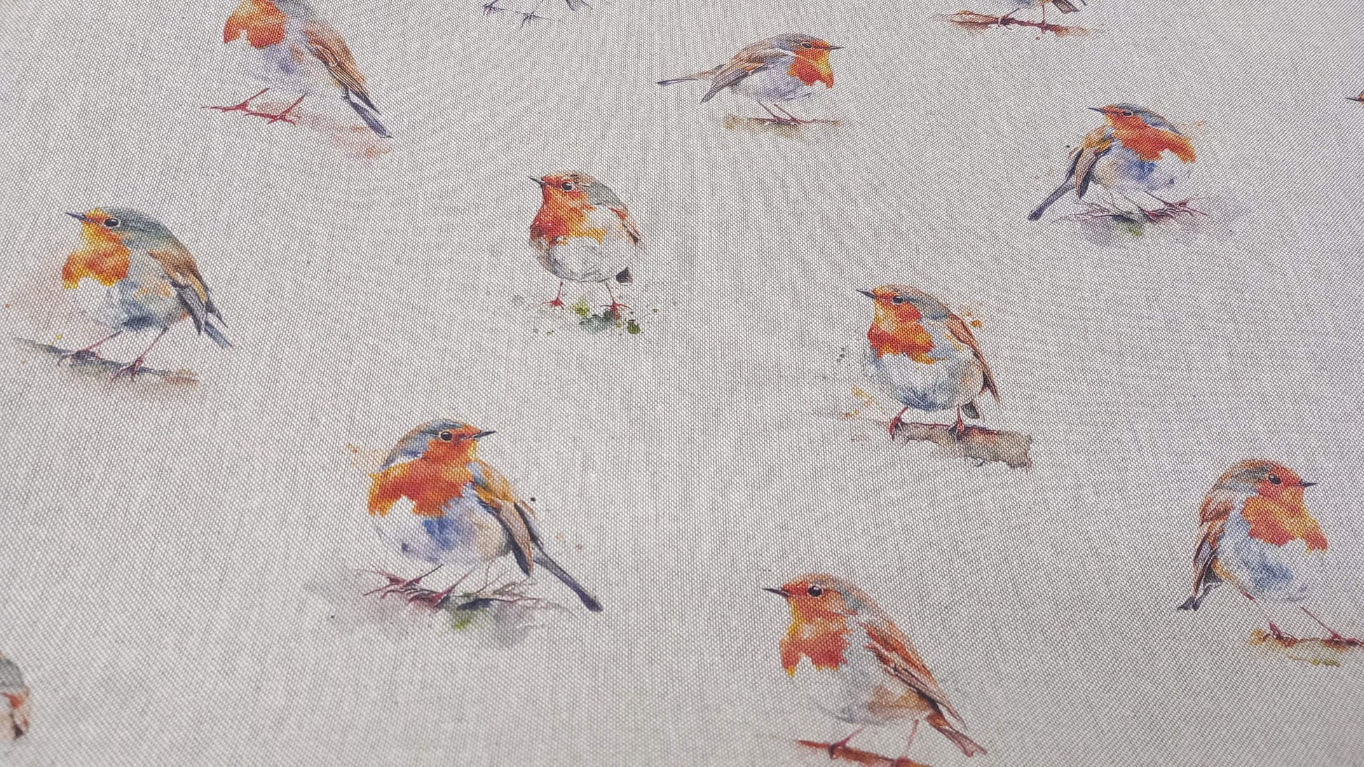 Watercolour Robin Print Fabric, beige linen look Fabric PER HALF METRE