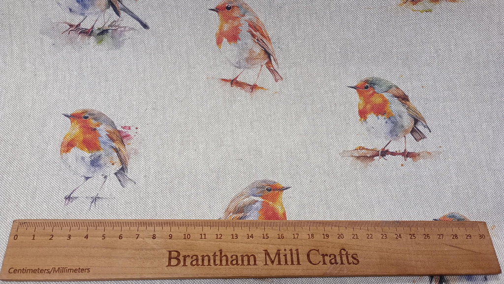 Watercolour Robin Print Fabric, beige linen look Fabric PER HALF METRE