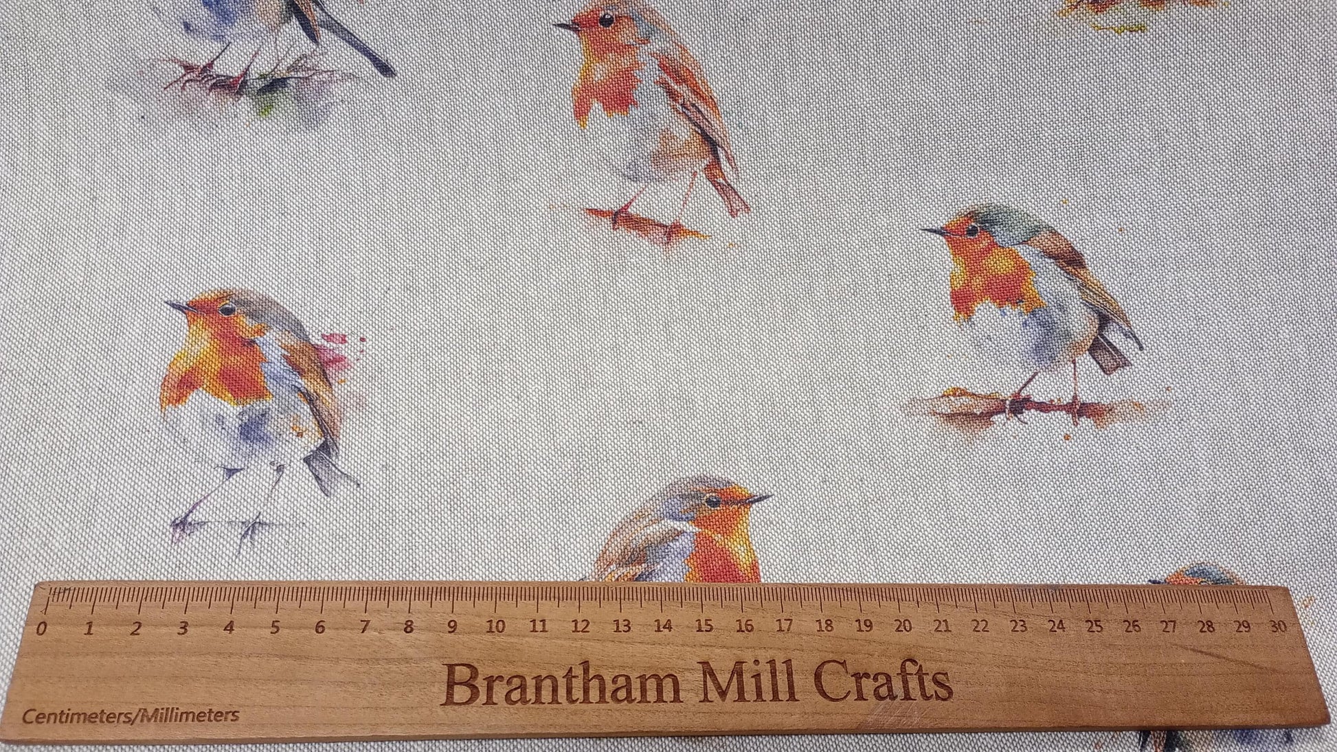 Watercolour Robin Print Fabric, beige linen look Fabric PER HALF METRE