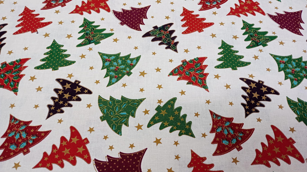 Colourful Christmas Trees, White, 100% Cotton Fabric, 110cm width