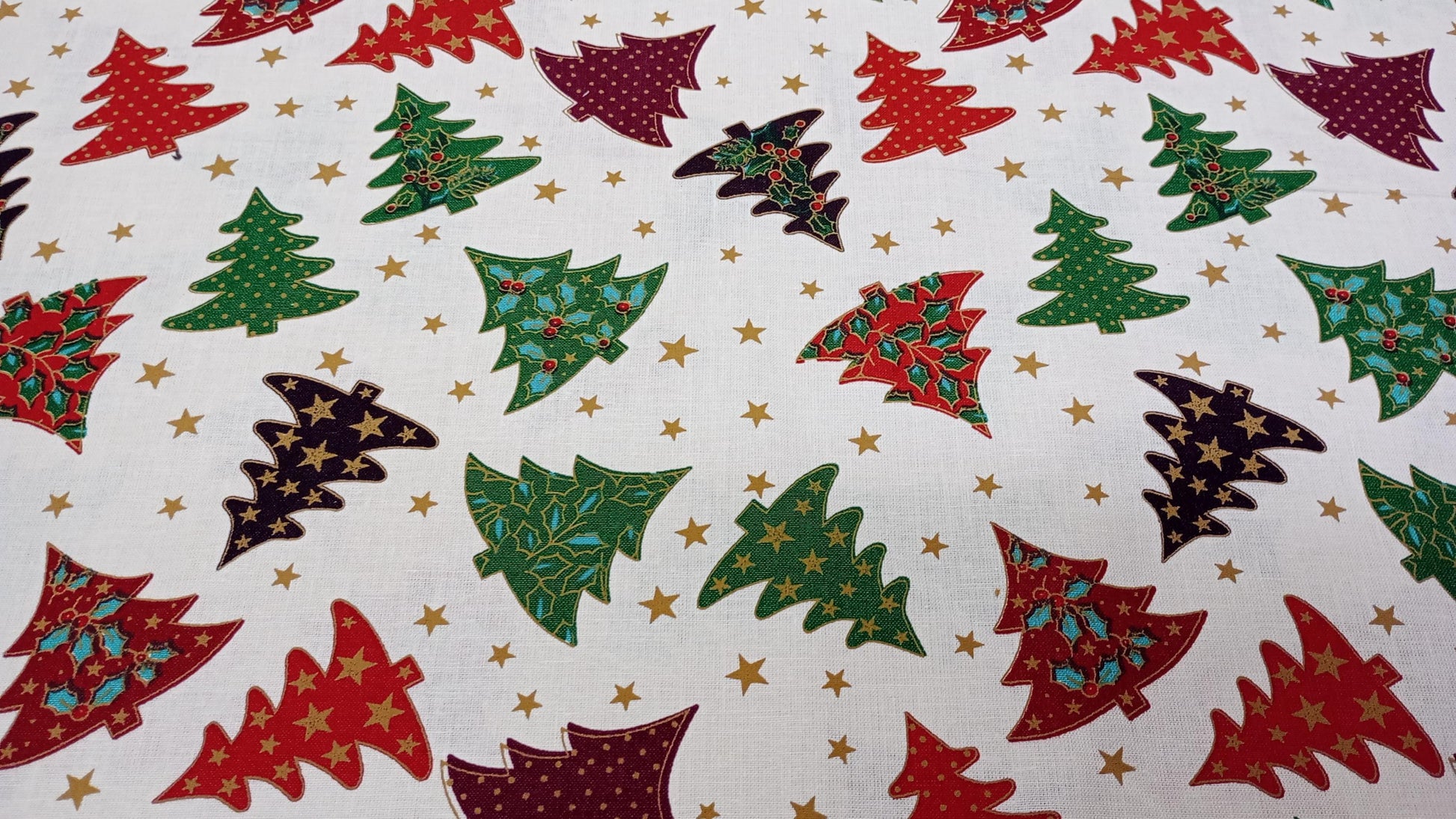 Colourful Christmas Trees, White, 100% Cotton Fabric, 110cm width