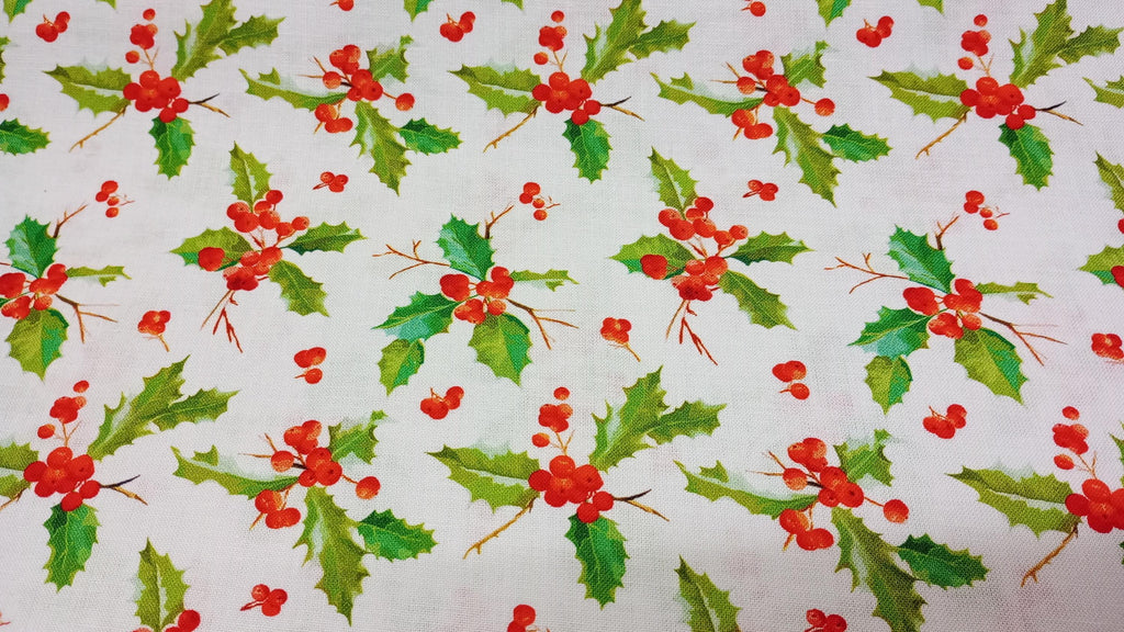 Christmas Holly & Berries, Digitally Printed, Cotton Fabric, 110cm width