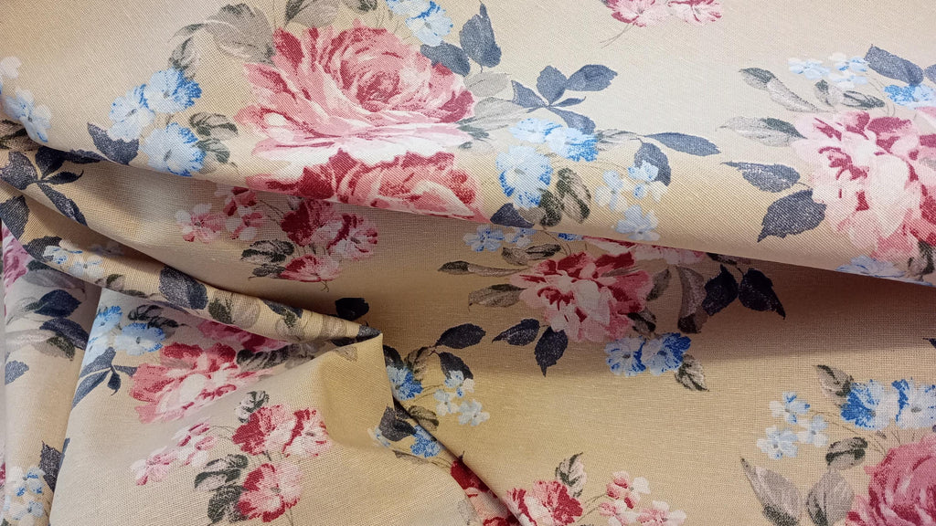 Beige Floral, half panama fabric, linen look, 140cm width, Fabric PER HALF METRE
