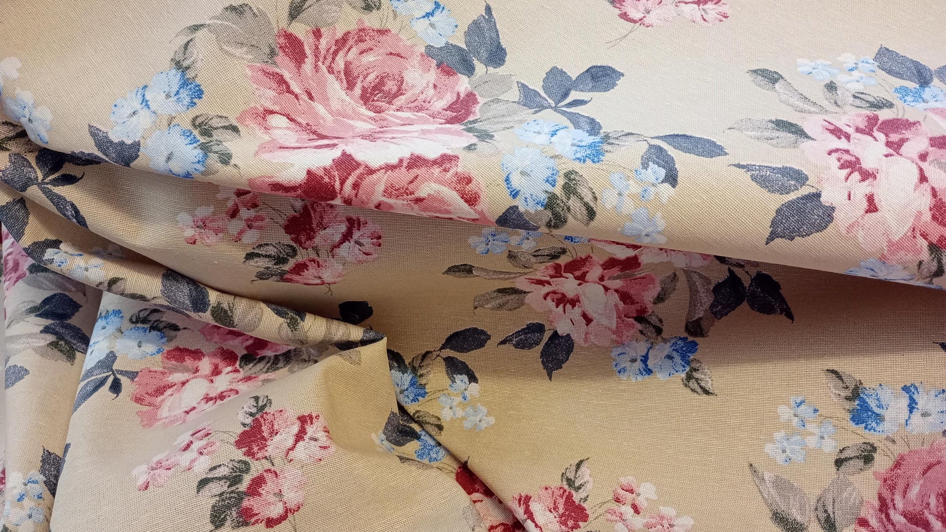 Beige Floral, half panama fabric, linen look, 140cm width, Fabric PER HALF METRE