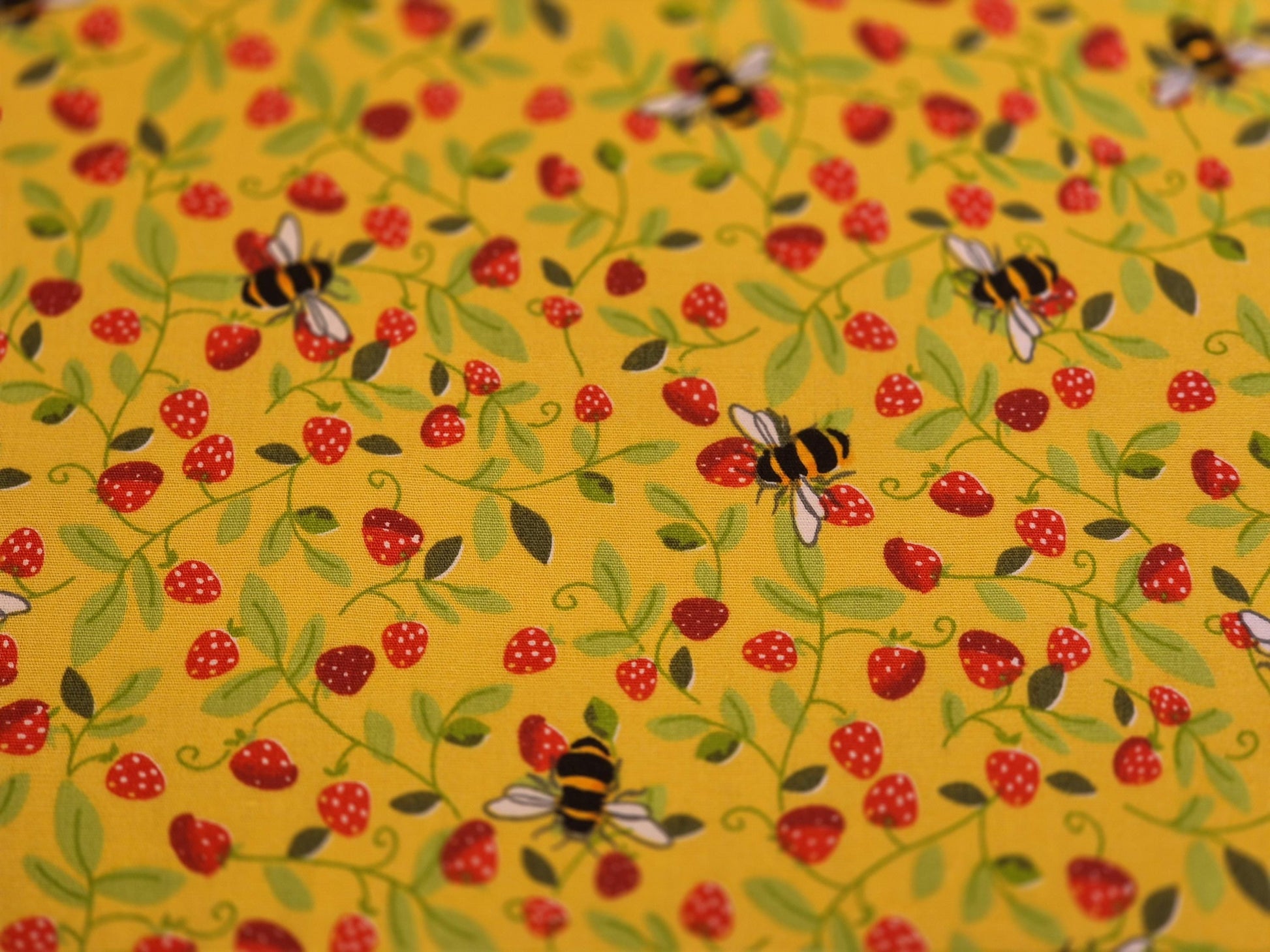 Rose & Hubble Yellow Strawberry and Bee Fabric, 110cm width, Cotton Poplin PER HALF METRE