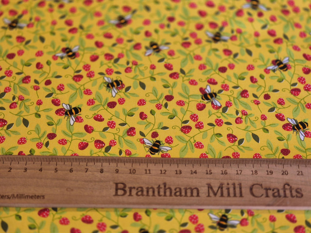 Rose & Hubble Yellow Strawberry and Bee Fabric, 110cm width, Cotton Poplin PER HALF METRE