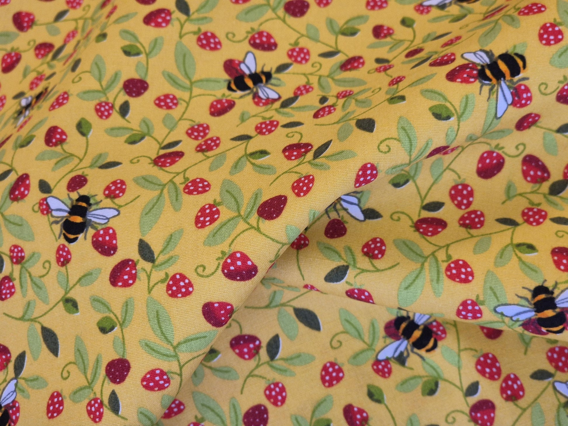 Rose & Hubble Yellow Strawberry and Bee Fabric, 110cm width, Cotton Poplin PER HALF METRE