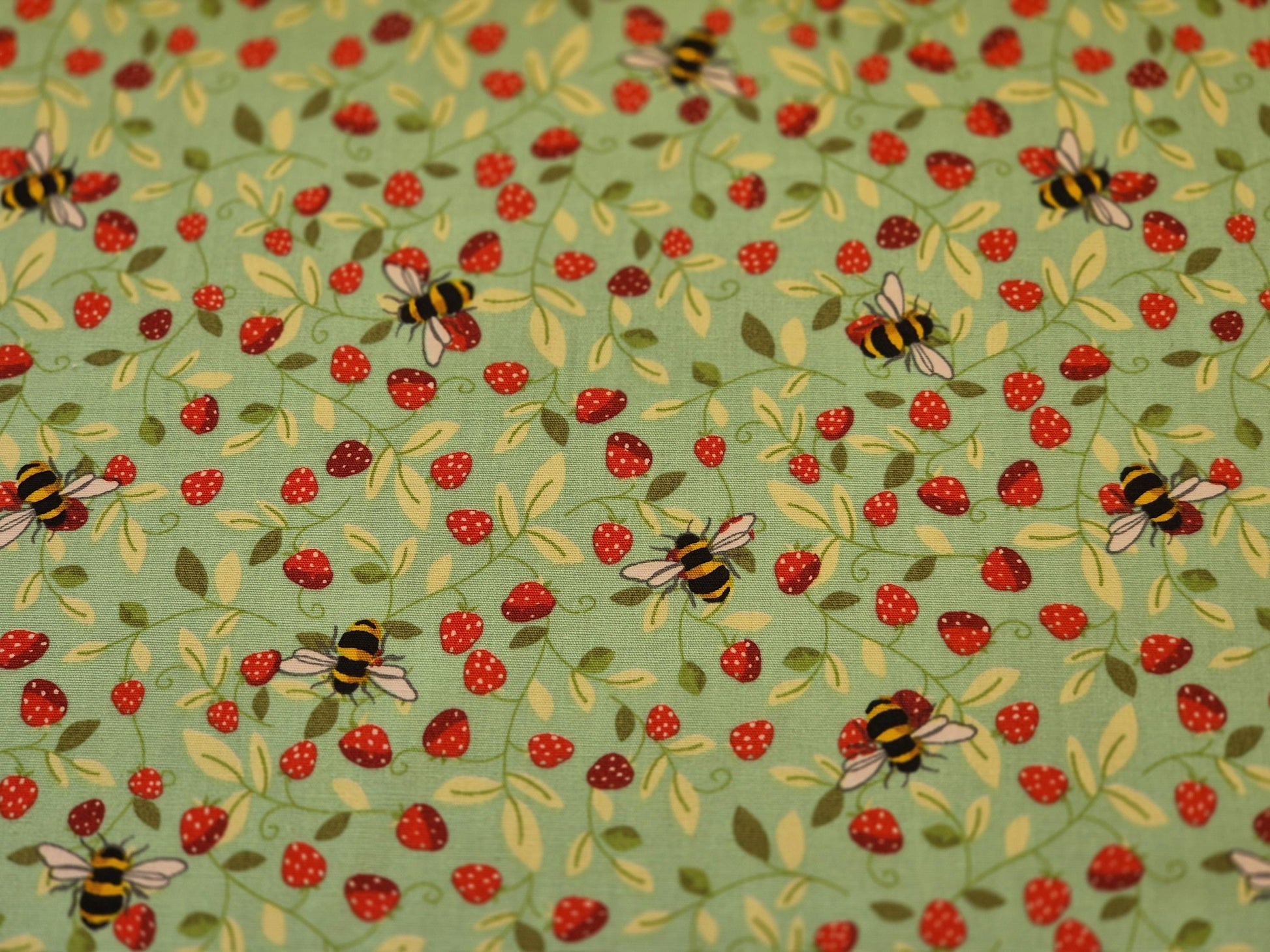 Rose & Hubble Mint Strawberry and Bee Fabric, 110cm width, Cotton Poplin PER HALF METRE