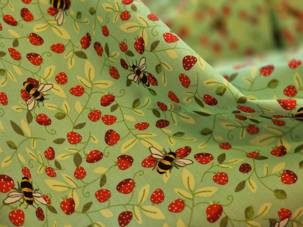 Rose & Hubble Mint Strawberry and Bee Fabric, 110cm width, Cotton Poplin PER HALF METRE