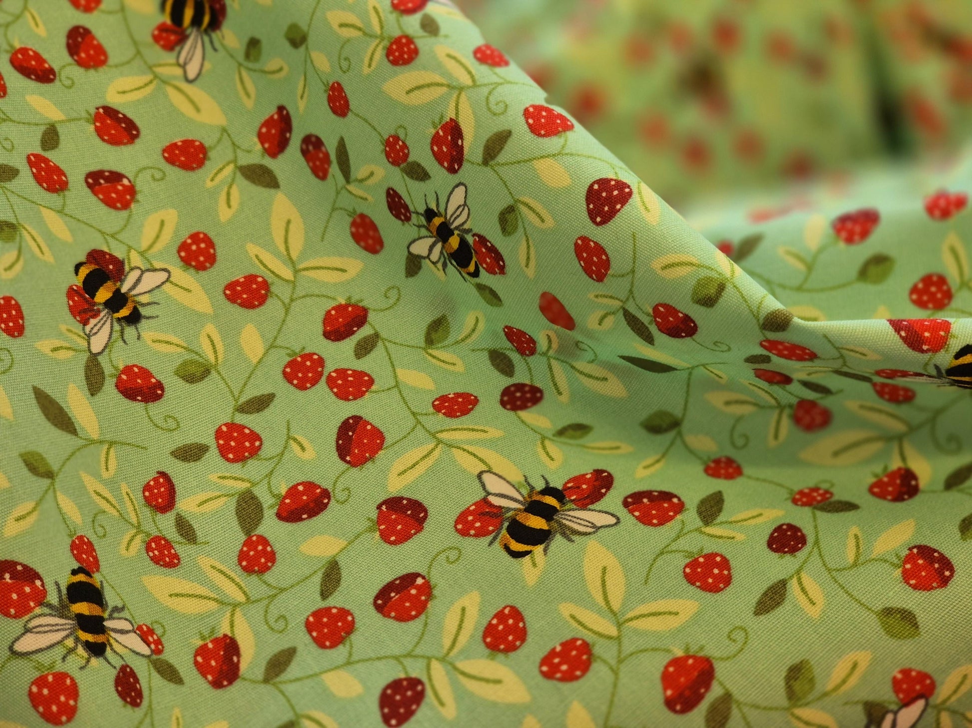 Rose & Hubble Mint Strawberry and Bee Fabric, 110cm width, Cotton Poplin PER HALF METRE