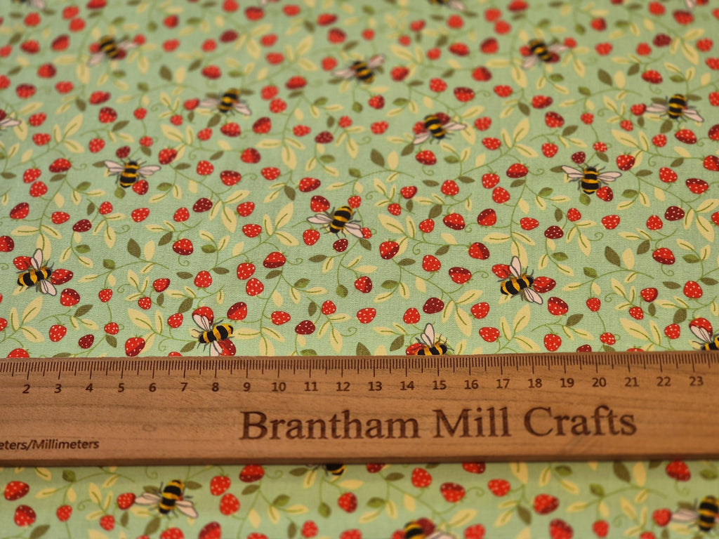 Rose & Hubble Mint Strawberry and Bee Fabric, 110cm width, Cotton Poplin PER HALF METRE