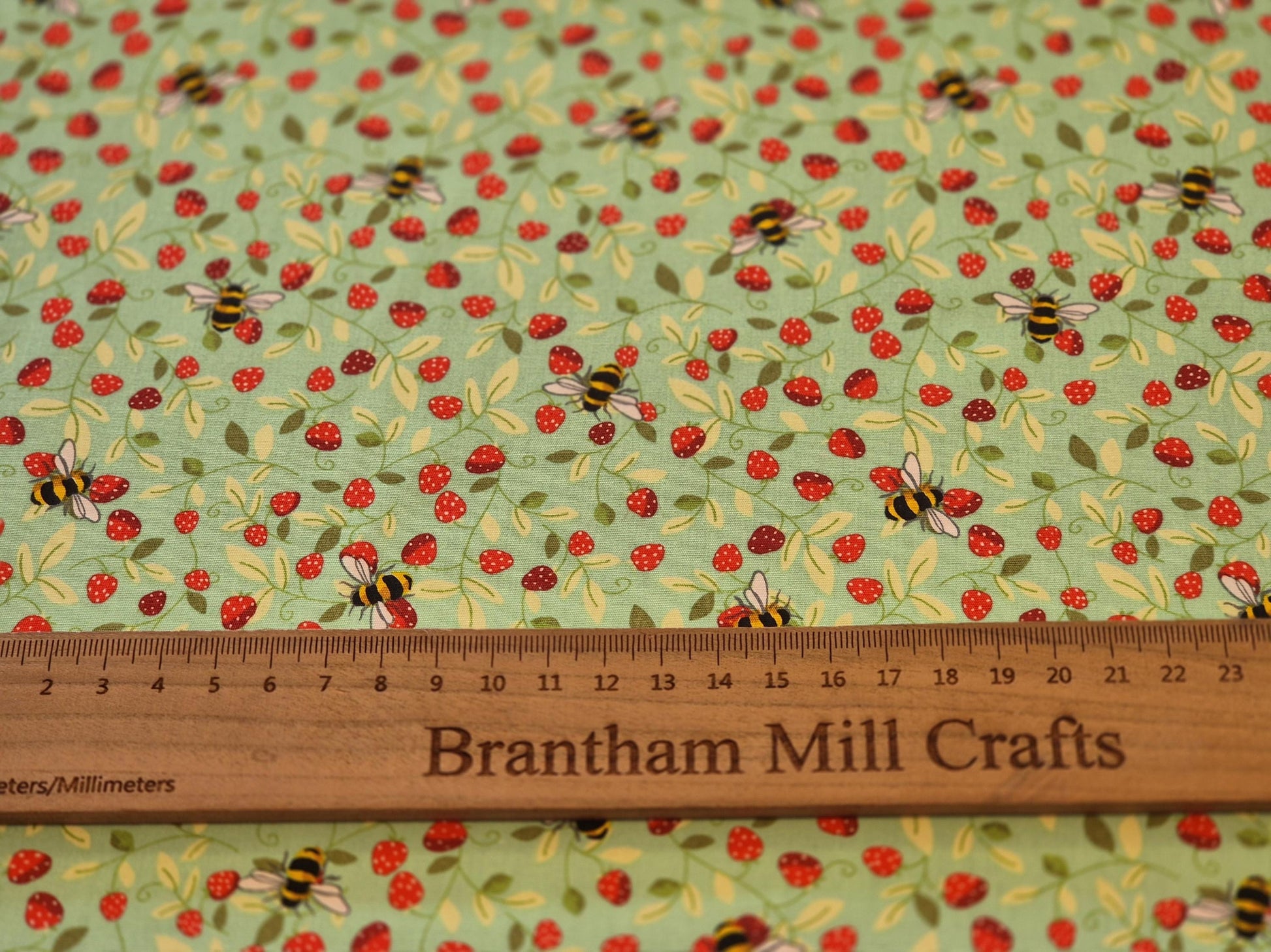 Rose & Hubble Mint Strawberry and Bee Fabric, 110cm width, Cotton Poplin PER HALF METRE