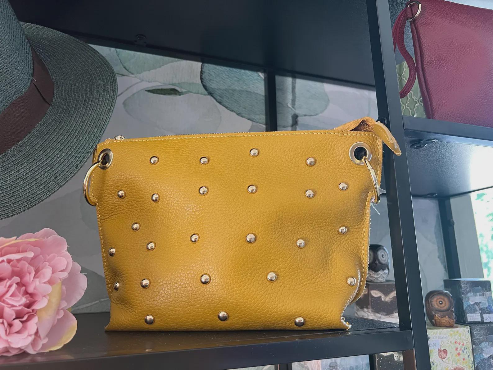 Studded Crossbody Bag | Genuine Leather Statement Bag with Gold Details | Zipped Shoulder Bag | Colourful Everyday Bag | Top Mill