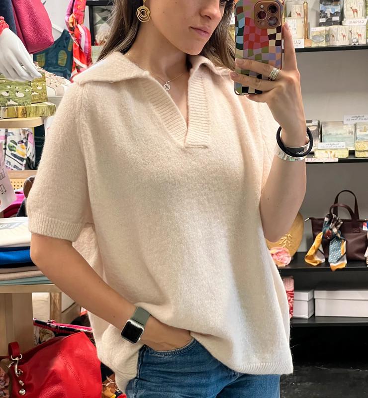 Cream Mohair Jumper with Collar – V-Neck Knit – One Size (Fits up to UK 14) – Soft & Stylish