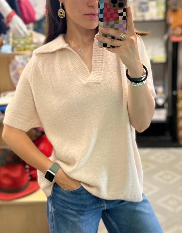 Cream Mohair Jumper with Collar – V-Neck Knit – One Size (Fits up to UK 14) – Soft & Stylish