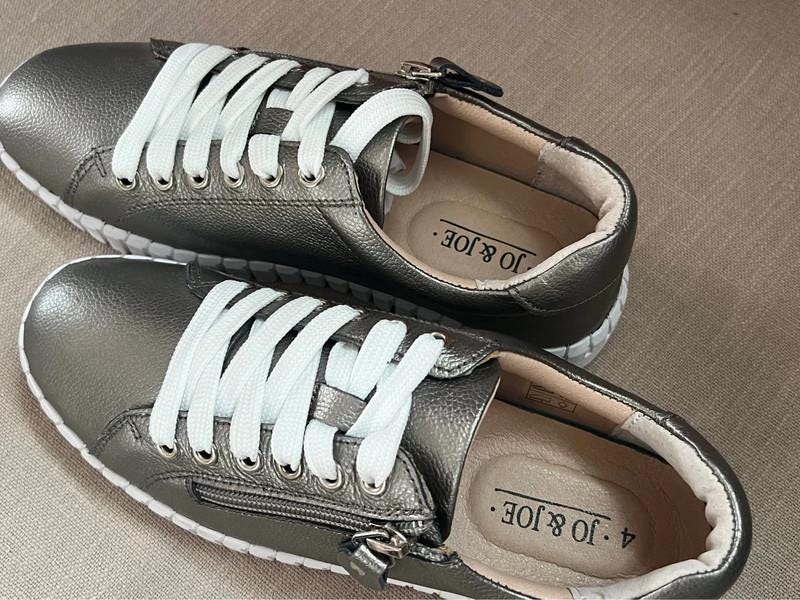 JO & JOE Genuine Leather Metallic Gold Trainers – Zip-Up Lace Shoes – Sizes 4–8