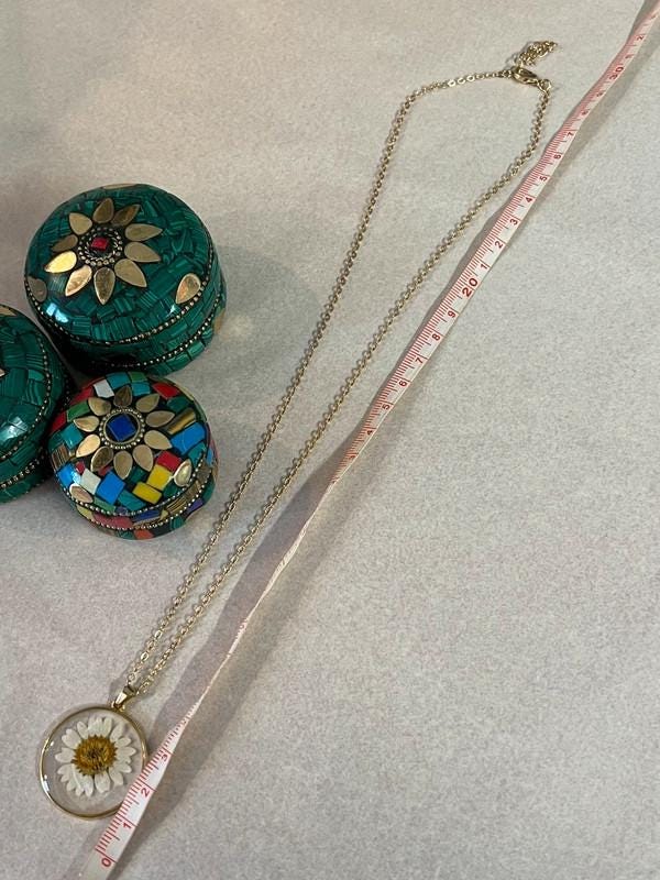Pressed Flower Necklace – Real Daisy in Resin Pendant – Gold Chain with Clasp
