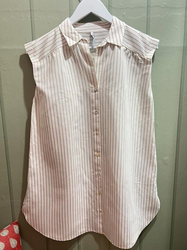 Sleeveless White Blouse – Striped Button-Up Shirt – One Size (Fits up to UK 16)