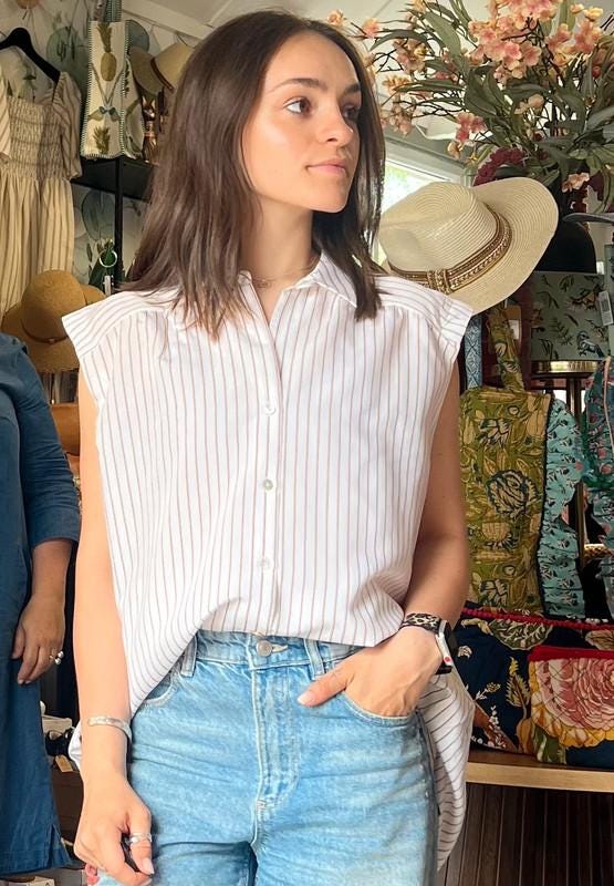 Sleeveless White Blouse – Striped Button-Up Shirt – One Size (Fits up to UK 16)