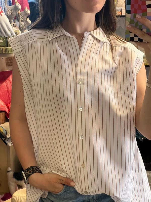 Sleeveless White Blouse – Striped Button-Up Shirt – One Size (Fits up to UK 16)