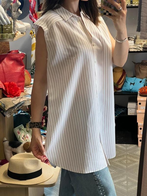 Sleeveless White Blouse – Striped Button-Up Shirt – One Size (Fits up to UK 16)