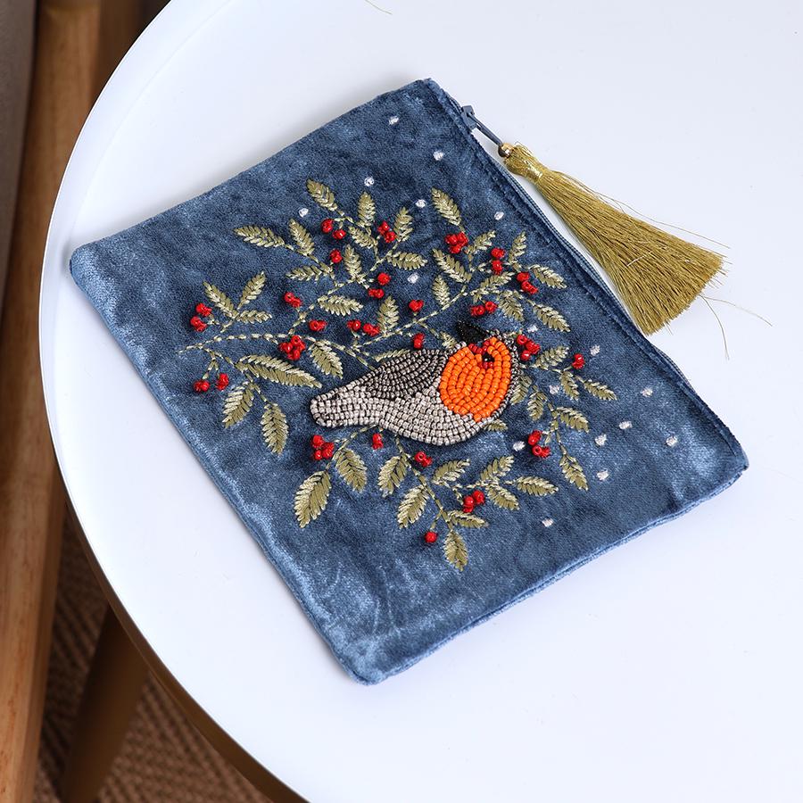 Blue Velvet Robin Zip Purse – Beaded Robin & Embroidered Holly with Gold Tassel – Winter Gift Pouch