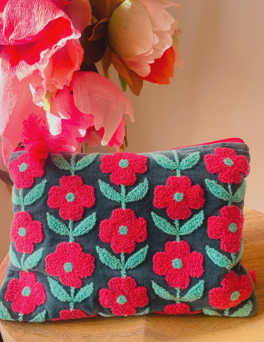Rambling Flower Pouch - Pink/Aqua - SMALL