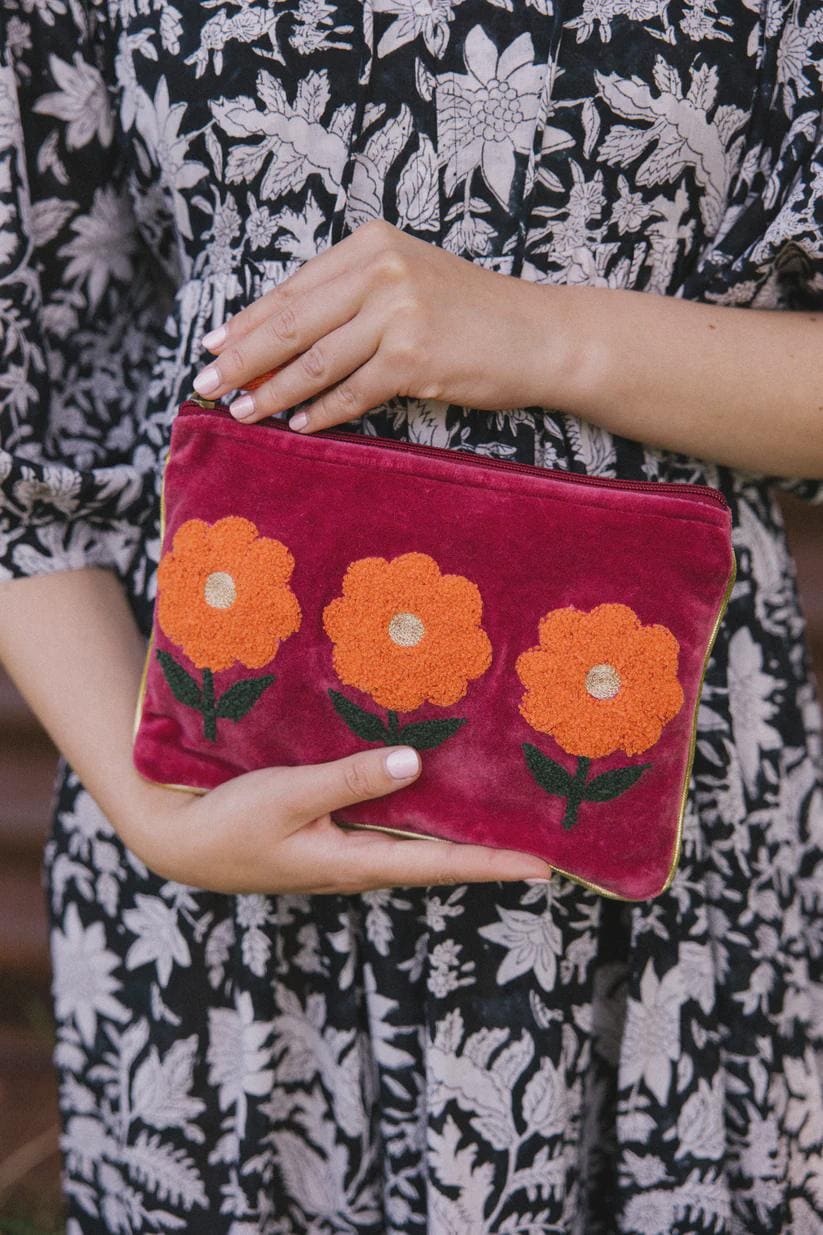 Velvet Triple Flower Pouch in Burgundy