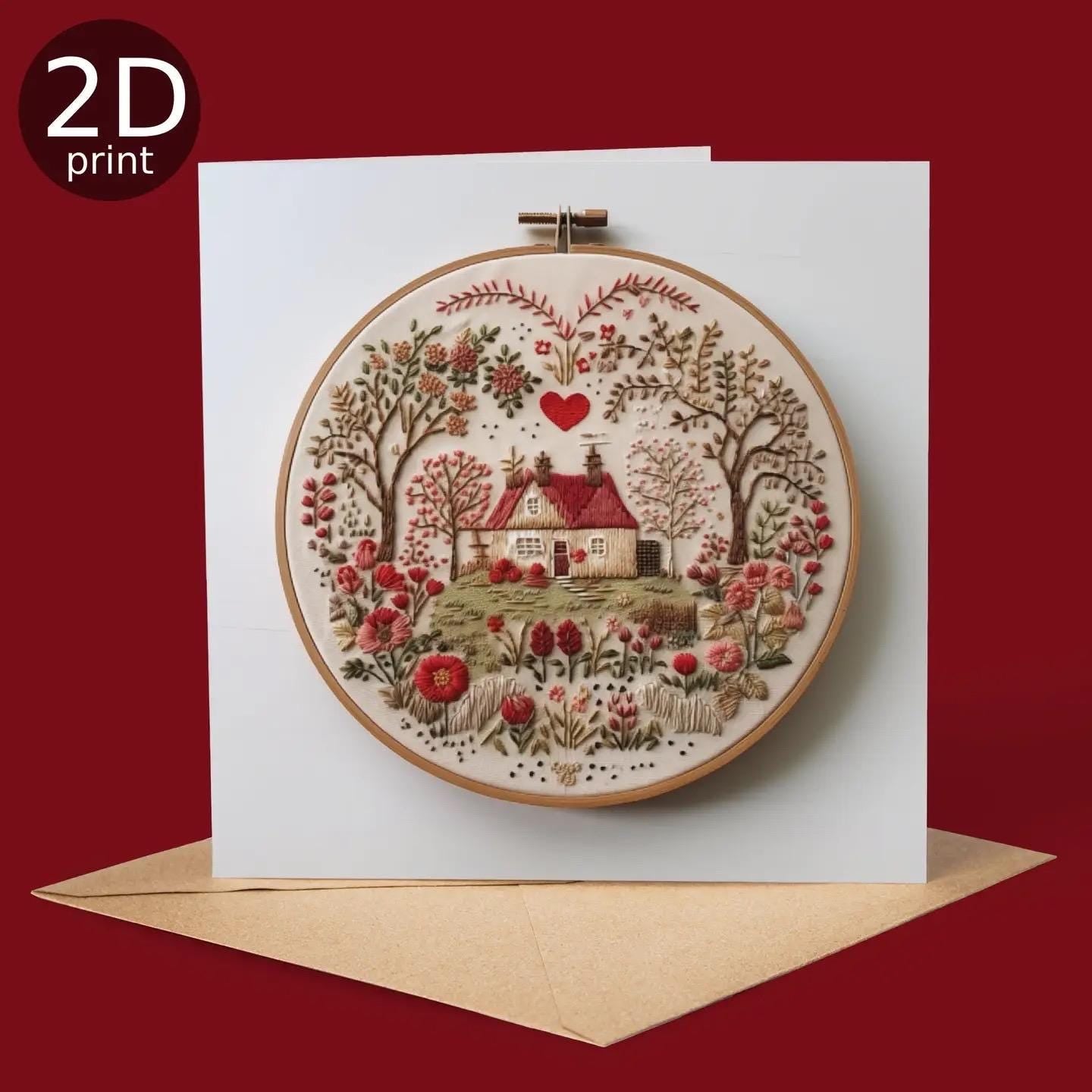 Embroidered Folk Cottage 2D Printed Card