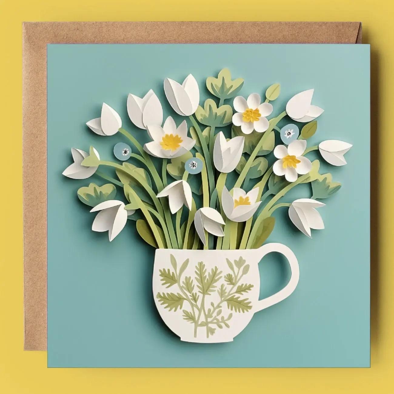 Teacup Spring Flowers 2D Printed Card