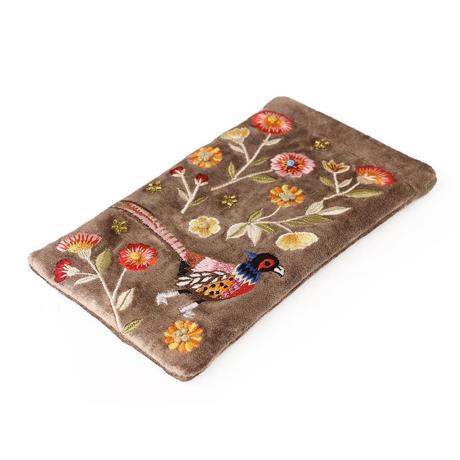 Fawn embroidered pheasant velvet glasses case