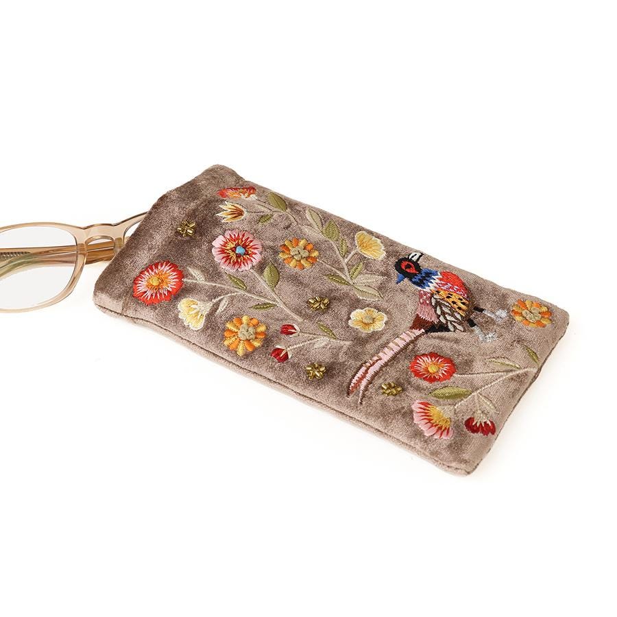 Fawn embroidered pheasant velvet glasses case