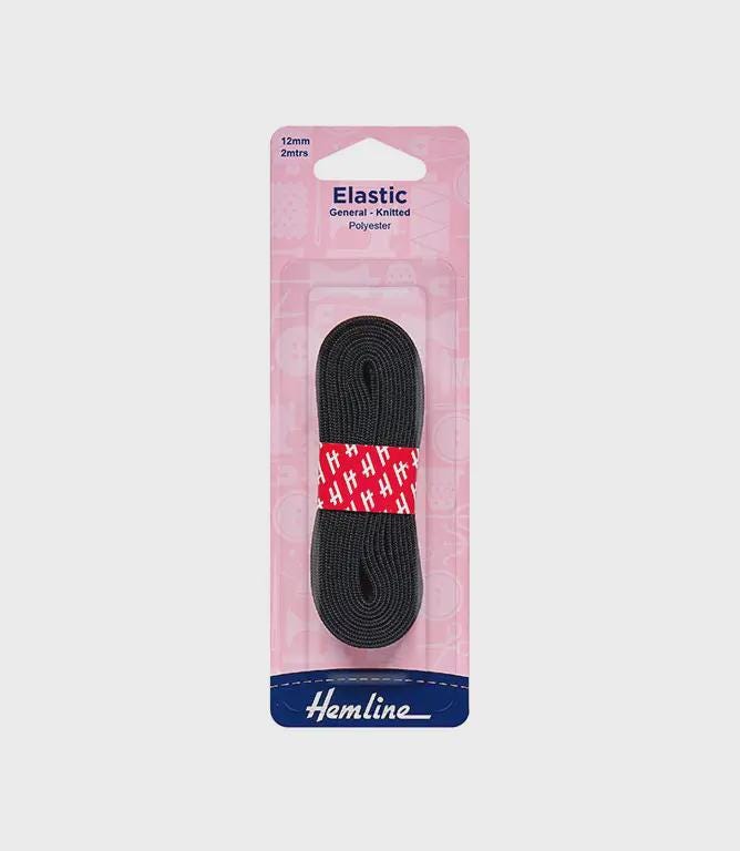 General Purpose Knitted Elastic, 2m x 12mm: Black. Hemline