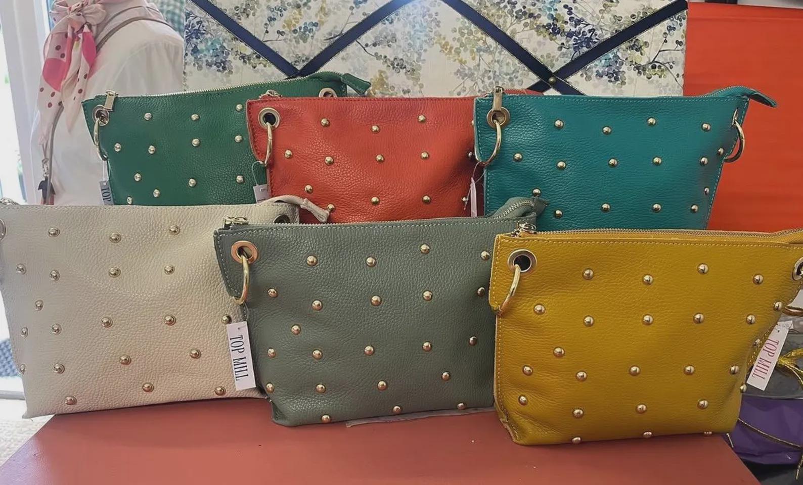 Studded Crossbody Bag | Genuine Leather Statement Bag with Gold Details | Zipped Shoulder Bag | Colourful Everyday Bag | Top Mill