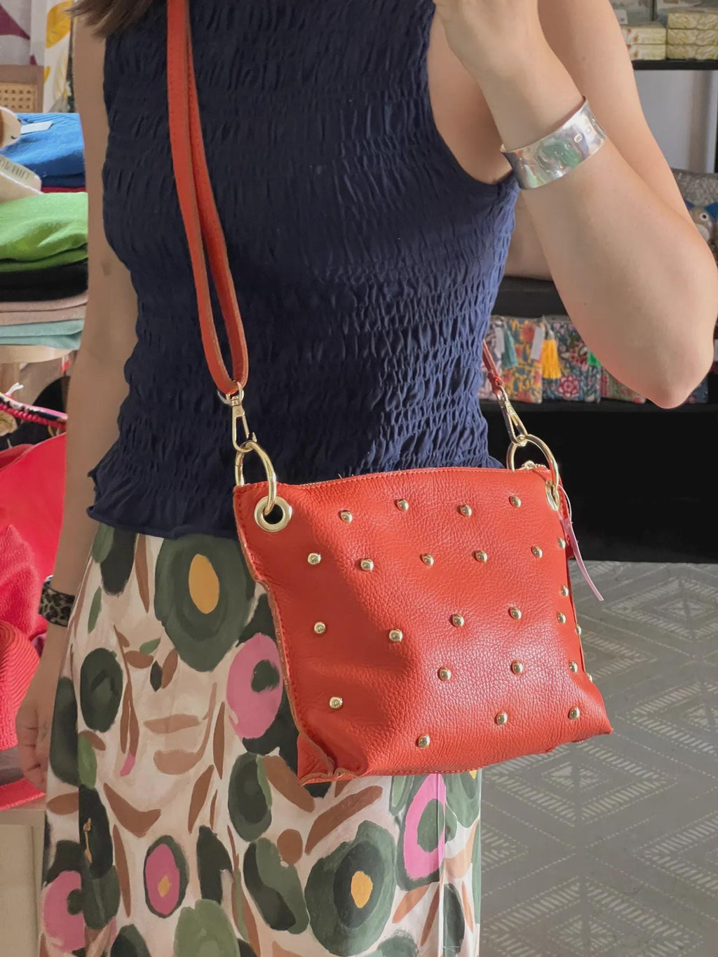 Studded Crossbody Bag | Genuine Leather Statement Bag with Gold Details | Zipped Shoulder Bag | Colourful Everyday Bag | Top Mill